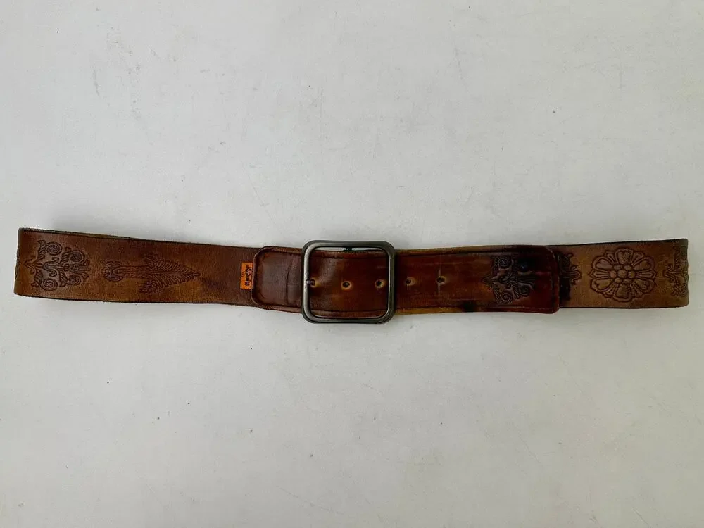 Vintage Levi's Orange Tab Floral Tooled Hand Stained Latigo Leather Belt Sz 34